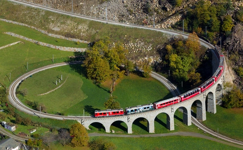 дорога, поезд, швейцария, поле, серые, зеленые