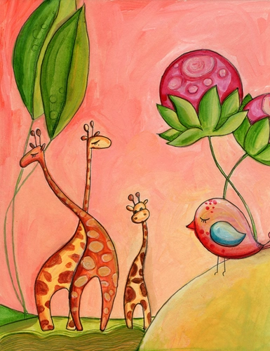 детский, жираф, рисованный, птичка, ягода, листья, оранжевый, розовый, зеленый, синий, желтый